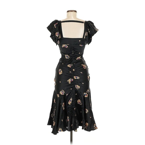 VTG Betsey Johnson 90 2000 y2K Silk Floral Midi Slip Dress Flutter Ruched 6 Blk - Picture 3 of 15